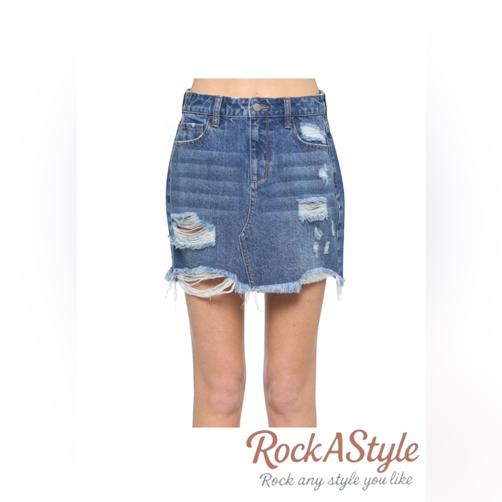 Cello High Rise Dark Denim Destroy Mini Skirt